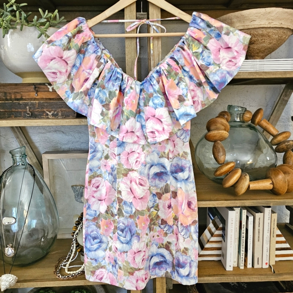& Other Stories Floral Ruffle Mini Dress Pink & Blue Off-Shoulder Party